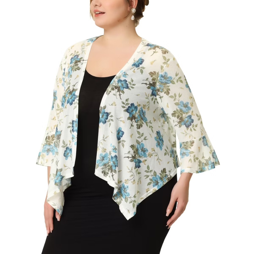 Floral Print Chiffon Cardigan with Ruffle Sleeves | 1X | Plus Size